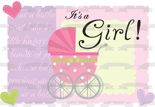 Baby Shower It's a Girl Baby Stroller Hearts Edible Cake Topper Image ABPID13421