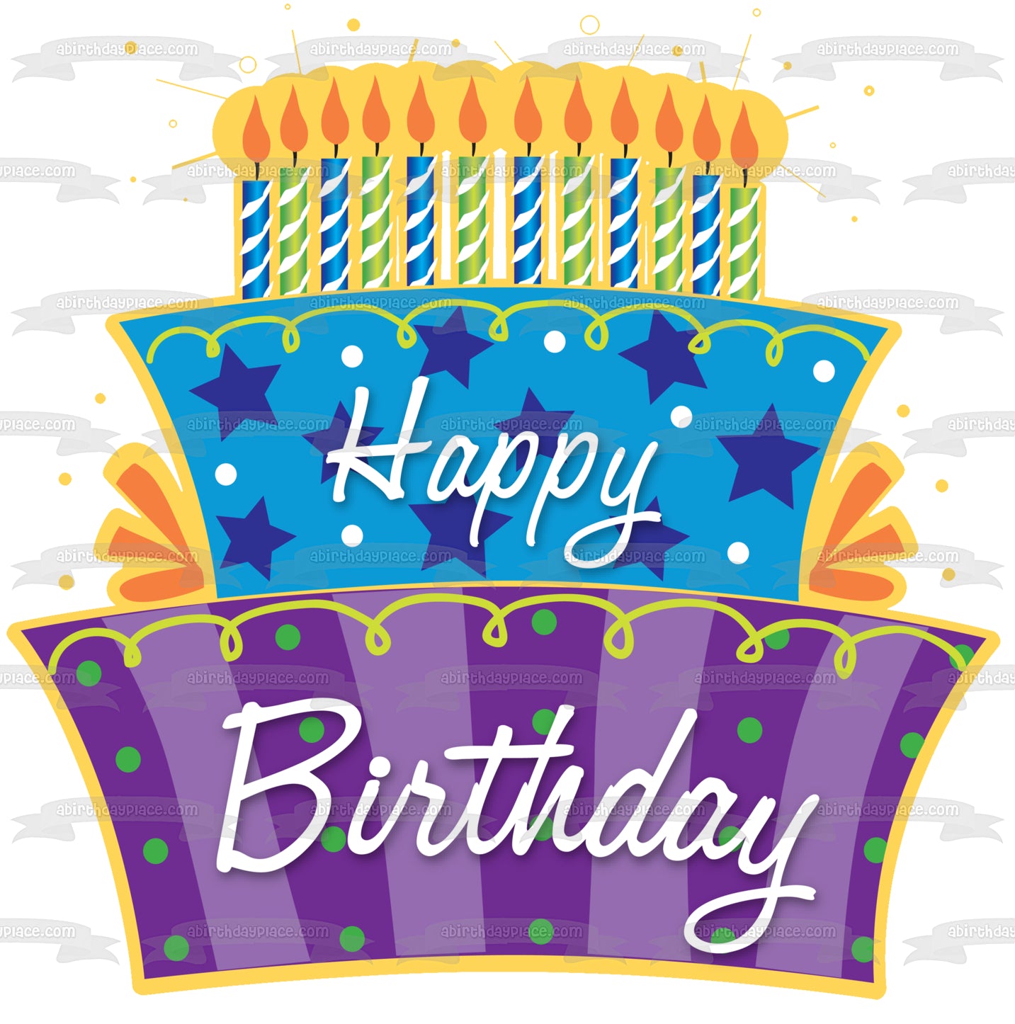 Happy Birthday Lit Candles Purple Blue Cake Stars Polka Dots Edible Cake Topper Image ABPID13434