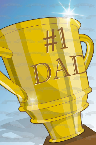 #1 Dad Gold Trophy Blue Background Edible Cake Topper Image ABPID13494