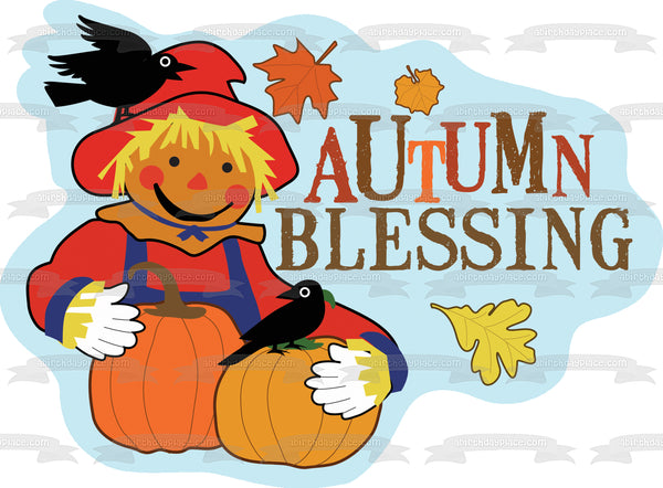 Seasons Autumn Blessing Scarecrow Pumpkins Crows Edible Cake Topper Image ABPID13526
