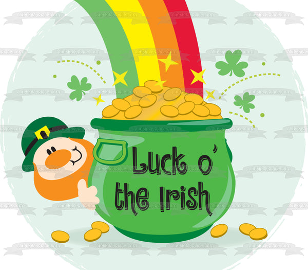 Luck O' The Irish Leprachaun Rainbow Pot of Gold 4 Leaf Clovers Edible Cake Topper Image ABPID13535