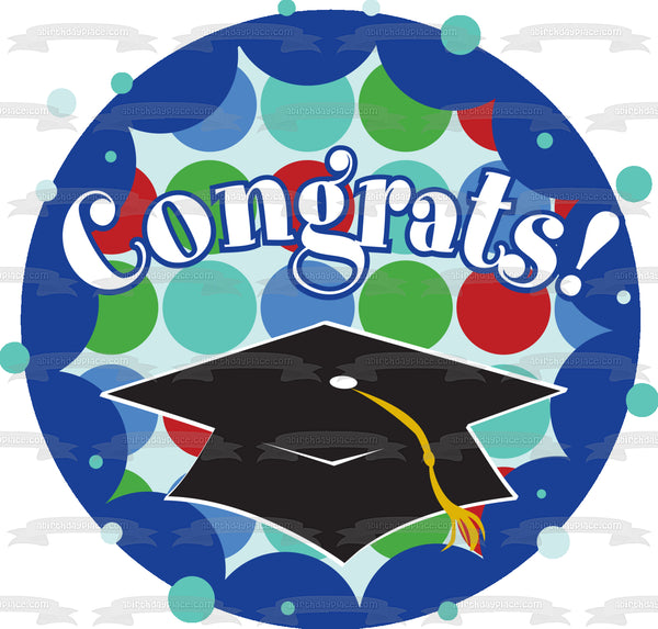 Congrats Black Graduation Cap Tassle Red Blue Greel Circles Background Edible Cake Topper Image ABPID13548