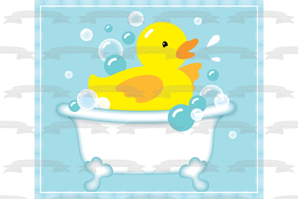 Rubber Ducky Bathtub Bubbles Blue Background Edible Cake Topper Image ABPID13572