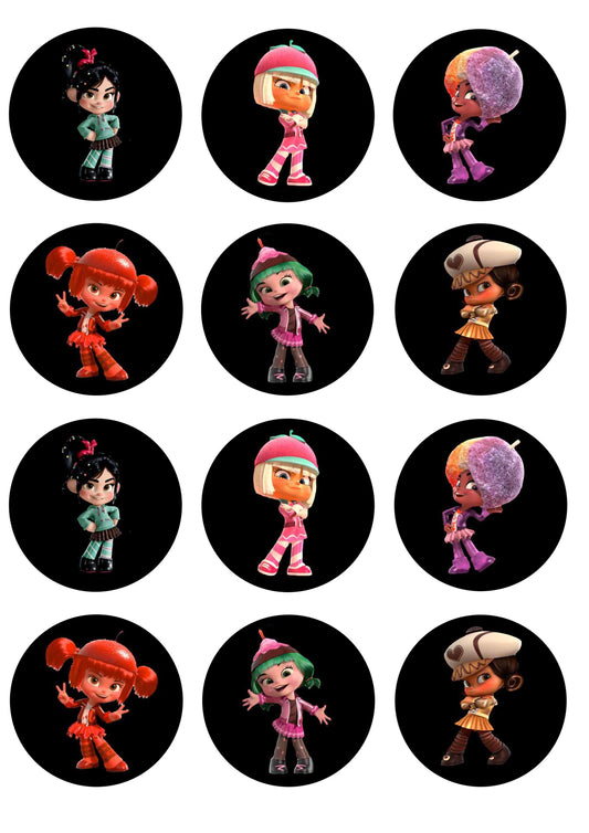 Wreck It Ralph Vanellope Candlehead Taffyta Muttonfudge Snowanna Rainbeau Imágenes comestibles para cupcakes ABPID14875 