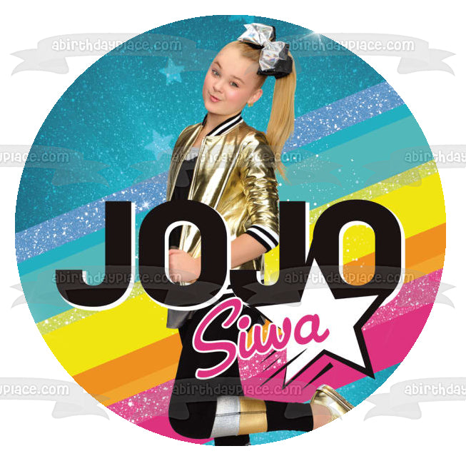 Jo Jo Siwa Stars Pink Yellow and Blue Background Edible Cake Topper Image ABPID15214