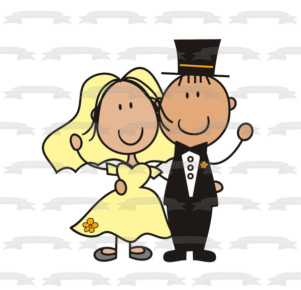 Cartoon Wedding Couple Bride Groom Edible Cake Topper Image ABPID15285