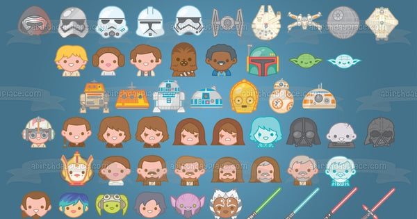 Star Wars Emoji Faces Storm Trooper Anakin Skywalker Princess Leia Chewbaca Yoda Edible Cake Topper Image ABPID15369