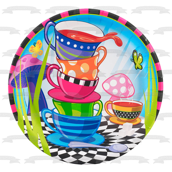 Cartoon Stacked Teacups Butterflies Mushrooms Edible Cake Topper Image ABPID21727