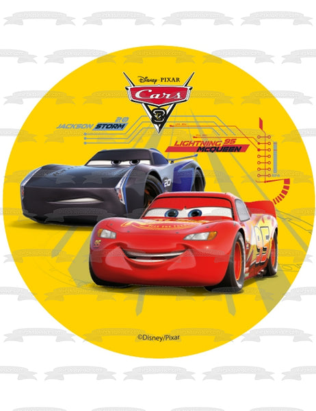 Cars 3 Lightening McQueen Jackson Storm Yellow Background Edible Cake Topper Image ABPID21808