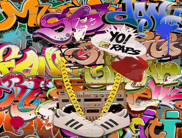 90's Graffiti Background White Sneakers Gold Chain Boom Box Yo Mtv Raps Logo Edible Cake Topper Image ABPID21837