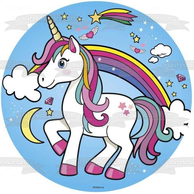 Unicornio, arcoíris, nubes, luna, estrellas azules, fondo, decoración comestible para tarta, imagen ABPID21909 