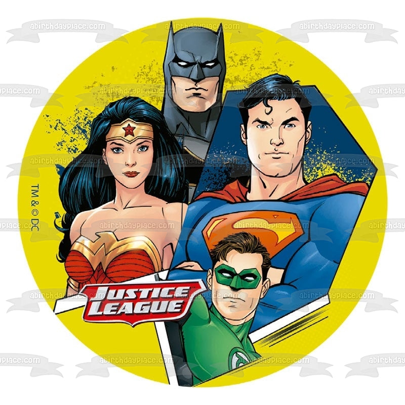 Justice League Superman Green Lantern Wonder Woman Batman Yellow Background Edible Cake Topper Image ABPID21930