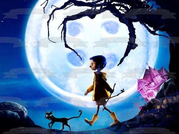 Coraline the Cat Scary Trees Purple Haunted House Edible Cake Topper Image ABPID22088