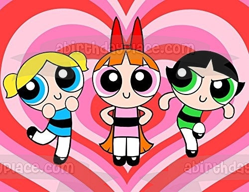 Power Puff Girls Blossom Bubbles Buttercup Hearts Background Edible Cake Topper Image ABPID24140