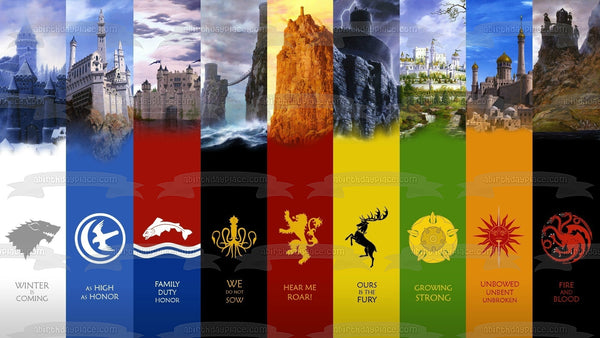 Game of Thrones Houses and Emblems Stark Arryn Tully Greyjoy Mormont Baratheon Tyrell Targaryen Martell Edible Cake Topper Image ABPID26961
