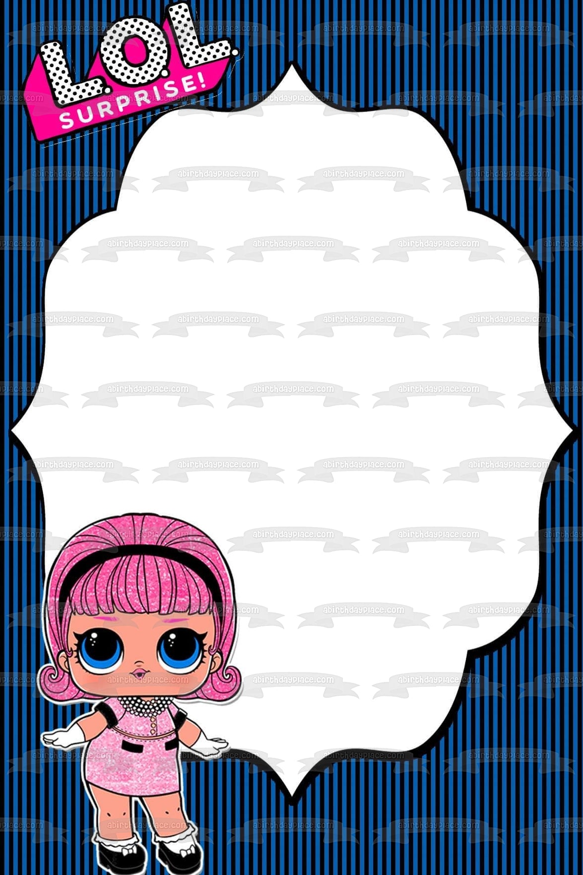 LOL Surprise Madame Queen Fondo de rayas negras y azules Marco de imagen comestible para decoración de tarta ABPID27167 