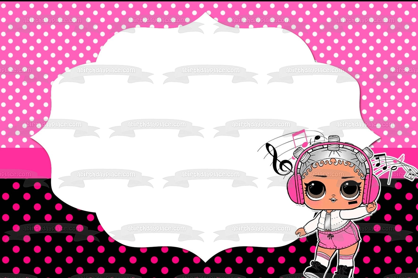 LOL Surprise Beats Fondo de lunares blanco y rosa Marco de imagen comestible para decoración de tarta ABPID27169 