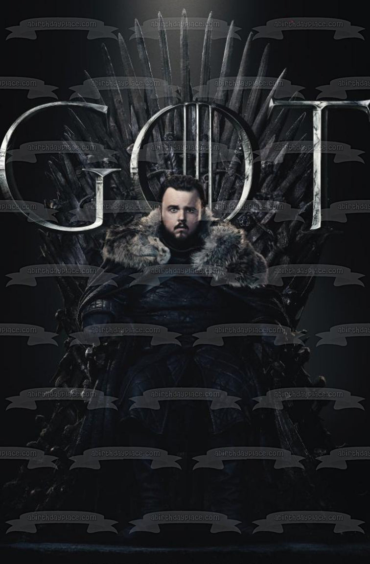Game of Thrones Samwell Tarly Iron Throne Black Background Edible Cake Topper Image ABPID27345