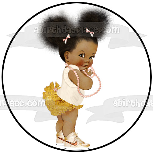 African American Baby Girl Pink Pearl Necklace Pink Gold Edible Cake Topper Image ABPID27734