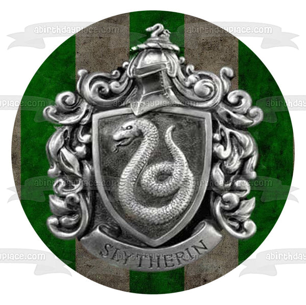 Harry Potter Slytherin Silver Crest Green Striped Background Edible Cake Topper Image ABPID27814