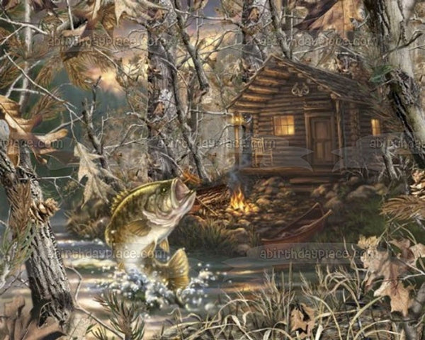 Hunting Cabin Jumping Fish Trees Camouflage Edible Cake Topper Image ABPID49825