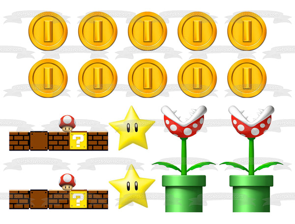 Super Mario Brothers Brick Walls Coins Plants Stars Edible Cake Topper Image ABPID49892