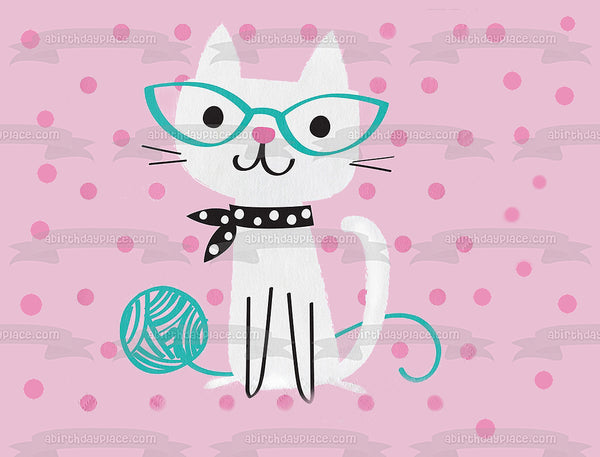 Cute Purrfect Cat Pink and Teal Polka Dots Kitty Happy Birthday Edible Cake Topper Image ABPID50264