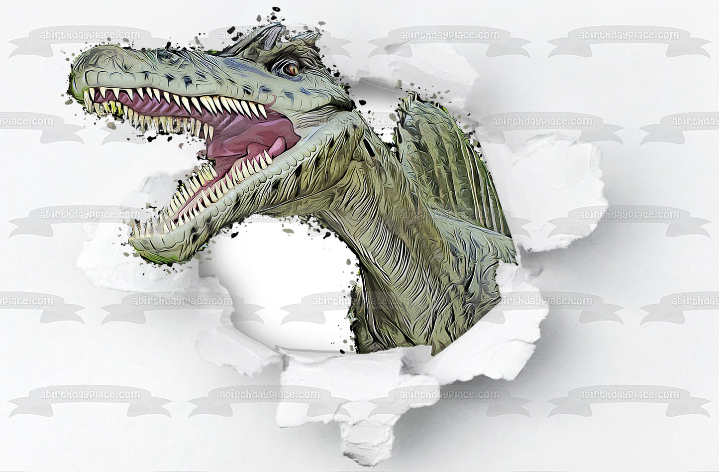 Cartoon Dinosaur Ripping Through White Wall Edible Cake Topper Image ABPID50270