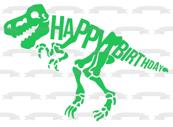 Green Dinosaur Skeleton Happy Birthday Edible Cake Topper Image ABPID50282