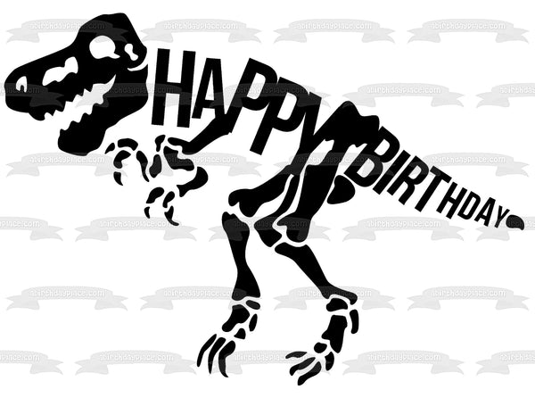 Black Dinosaur Skeleton Happy Birthday Edible Cake Topper Image ABPID50285