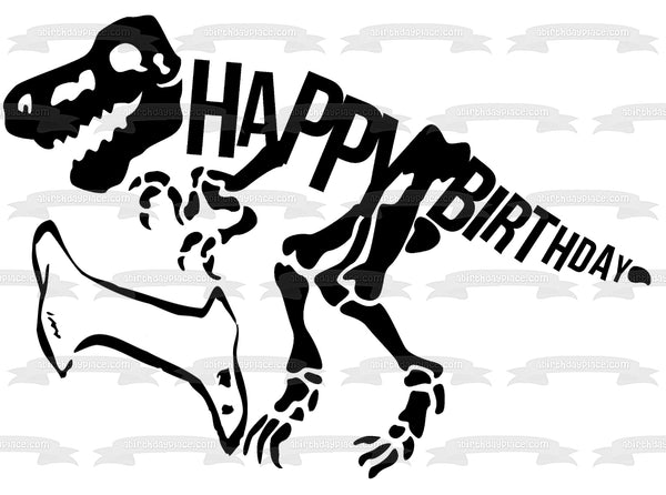 Black Dinosaur Skeleton Happy Birthday Black Bone Edible Cake Topper Image ABPID50288