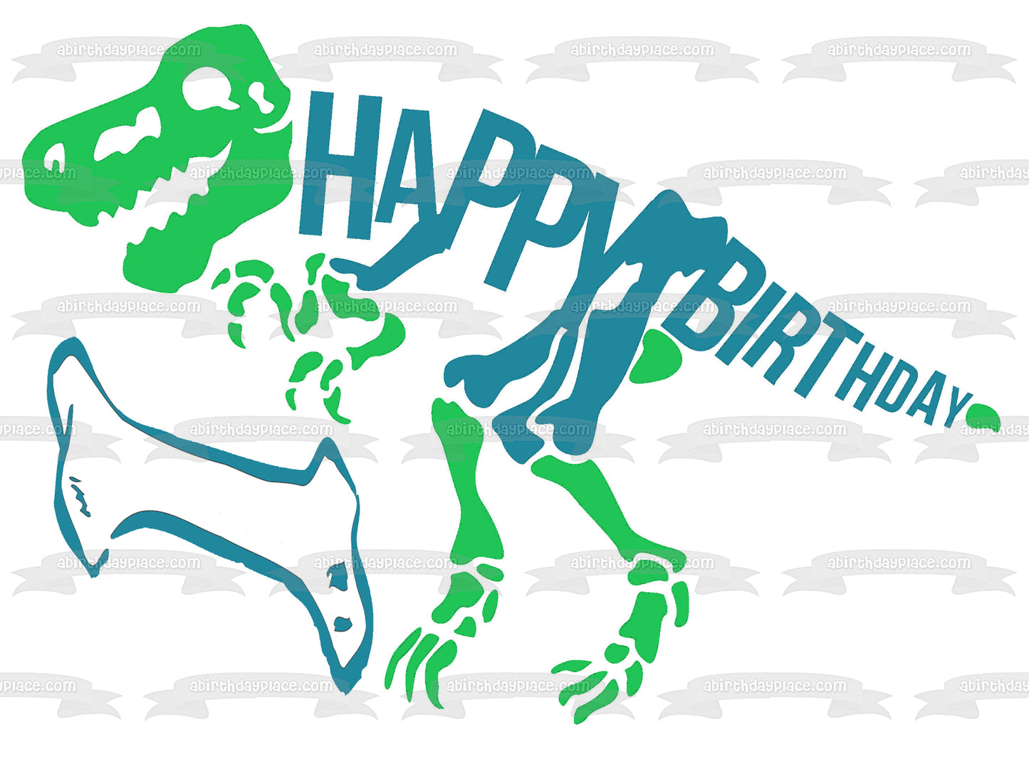 Esqueleto de dinosaurio verde y azul Feliz cumpleaños Hueso azul Adorno comestible para tarta Imagen ABPID50289 