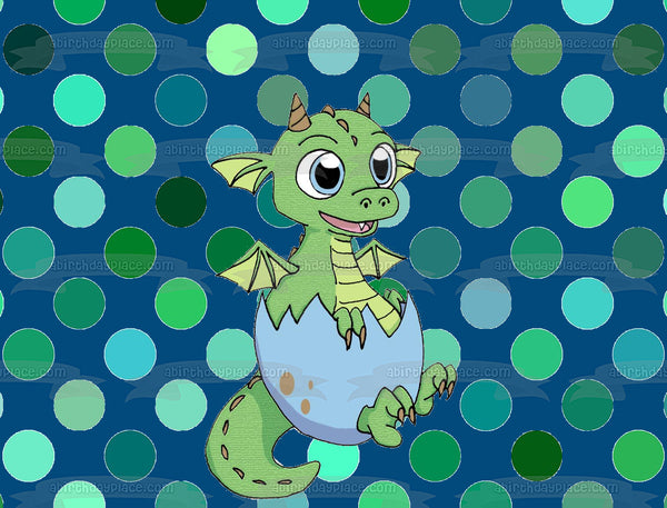 Cartoon Baby Dragon In Egg Polka Dot Background Edible Cake Topper Image ABPID50297