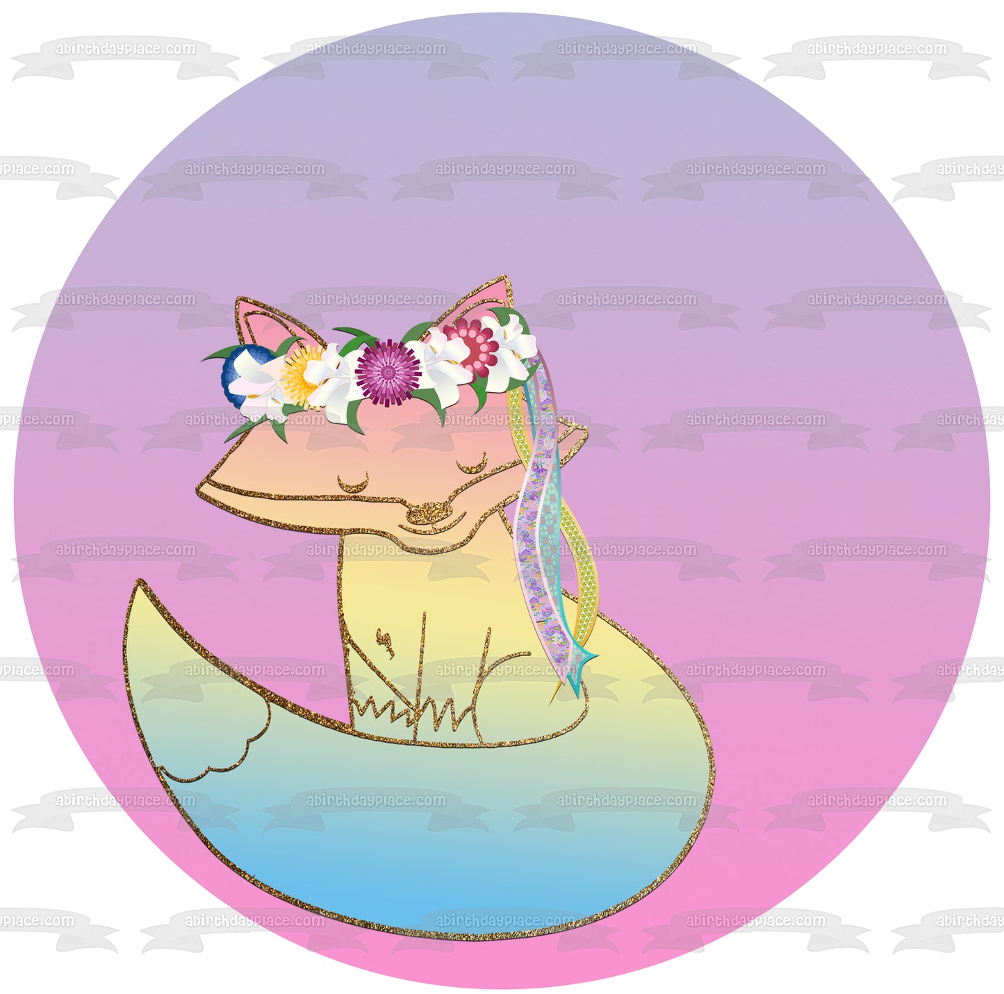 Pastel Glitter Fox Flower Crown Edible Cake Topper Image ABPID50311