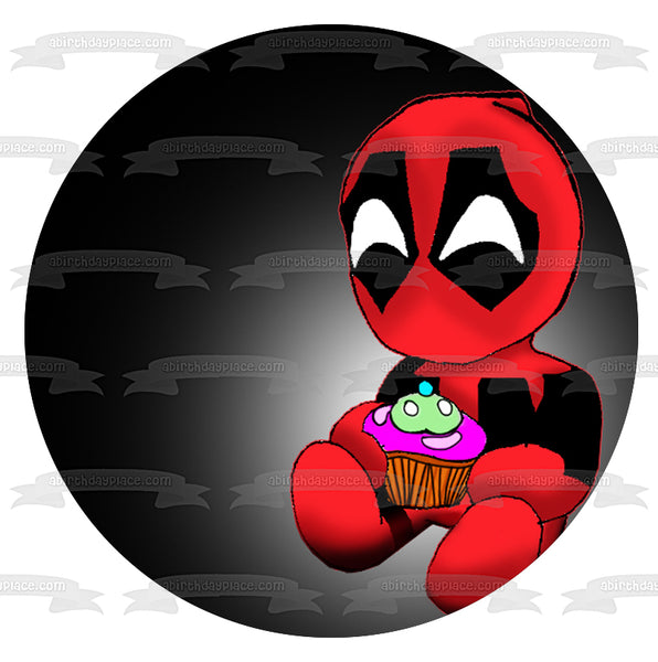 Chibi Deadpool Superhero Cartoon Cupcake Happy Birthday Marvel Edible Cake Topper Image ABPID50314