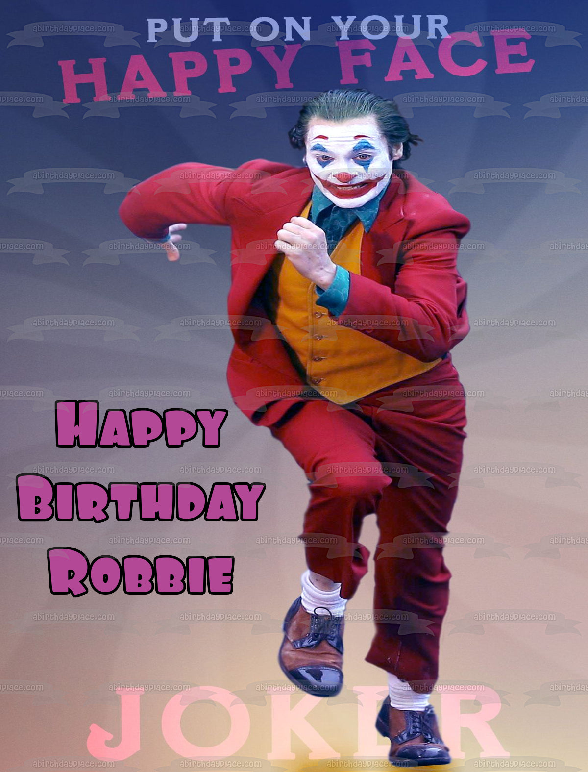 Joker 2019 Arthur Fleck Feliz cumpleaños Nombre personalizado "Pon tu cara feliz" Joaquin Phoenix Edible Cake Topper Imagen ABPID50316 