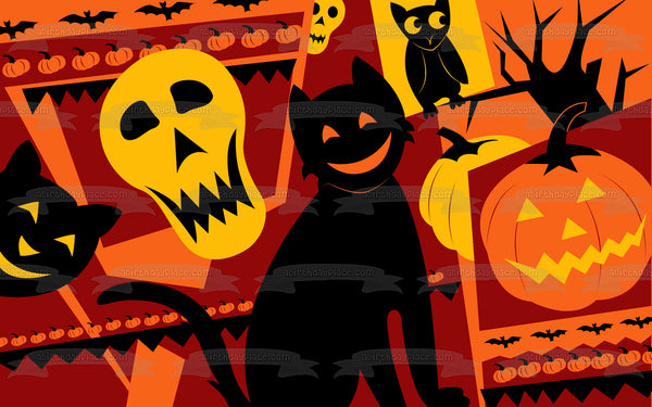 Scary Happy Halloween Black Cat Owl Ghosts Pumpkins Bats Jack-O-Lantern Edible Cake Topper Image ABPID50333