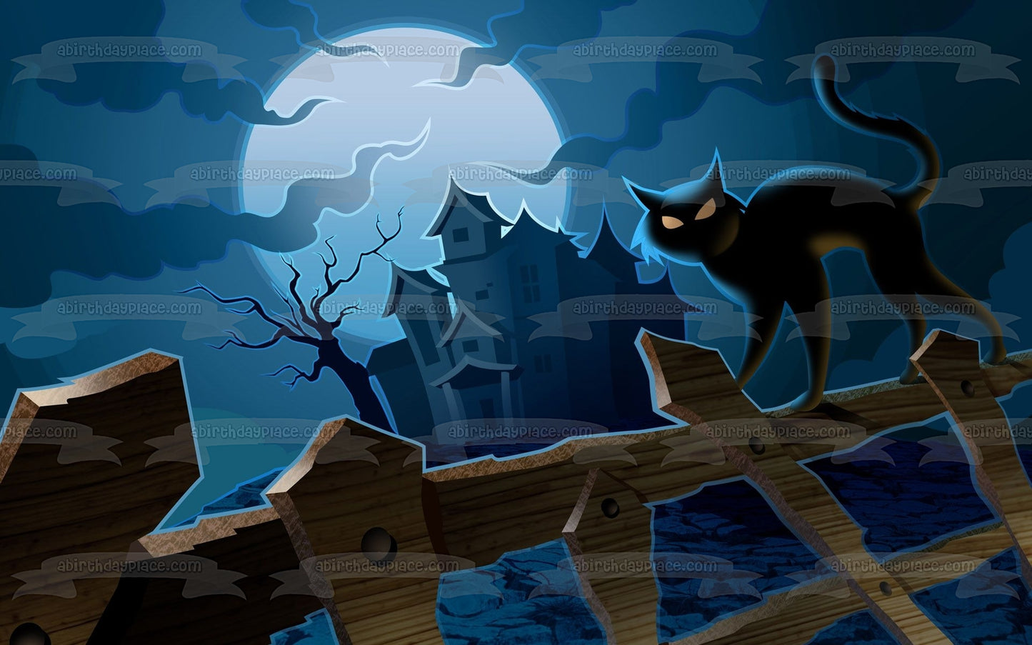 Halloween Haunted House Black Cat Moon Rising Fence Edible Cake Topper Image ABPID50340