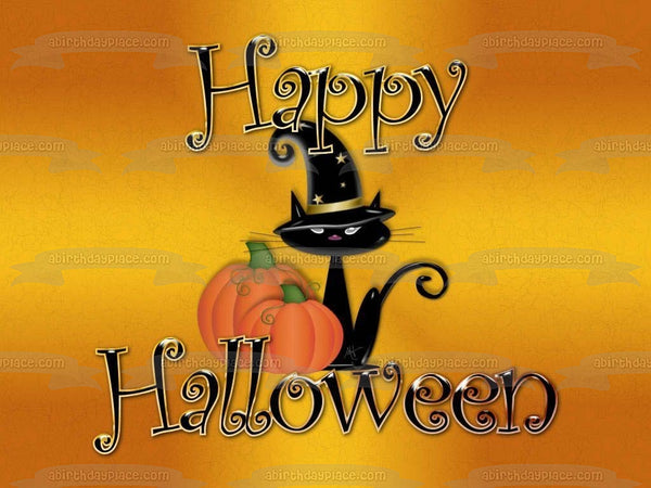 Happy Halloween Witch Cat Pumpkin Edible Cake Topper Image ABPID50356