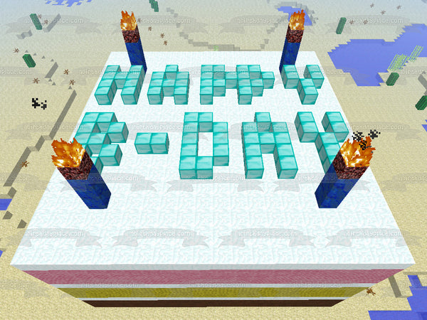 Minecraft Block Cake with Candle Torches Happy Birthday Edible Cake Topper Image ABPID50357