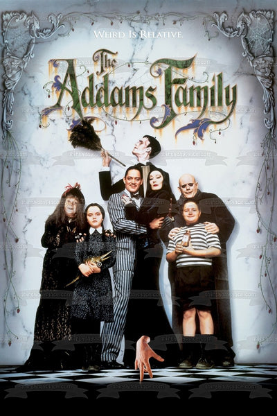 The Addams Family Movie Poster Uncle Fester Morticia Wednesday Gomez Pugsley Lurch Grandmama Edible Cake Topper Image ABPID50371