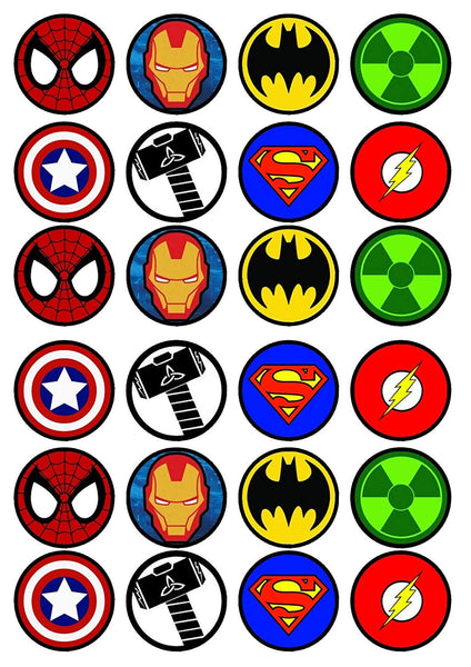 Superhero Logos DC Marvel Iron Man Spider-Man Super Man Thor the Flash Green Lantern Captain America Batman Edible Cupcake Topper Images ABPID50389