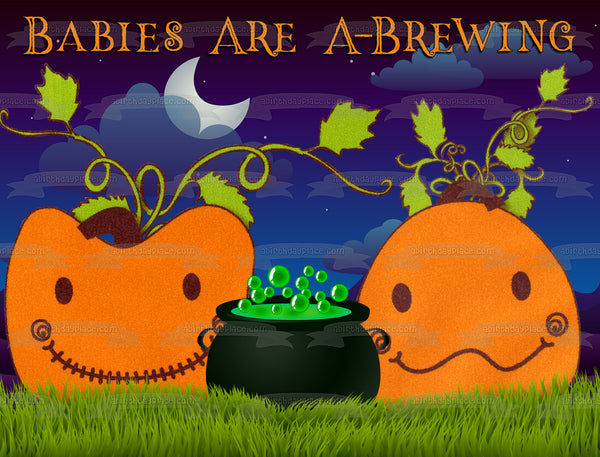 Babies Are A-Brewing Mommy and Daddy Pumpkin Edible Cake Topper Image ABPID50390