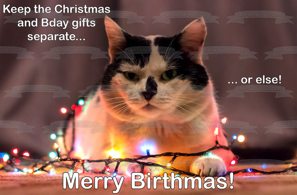 Christmas Lights Cat Merry Birthmas Edible Cake Topper Image ABPID50467