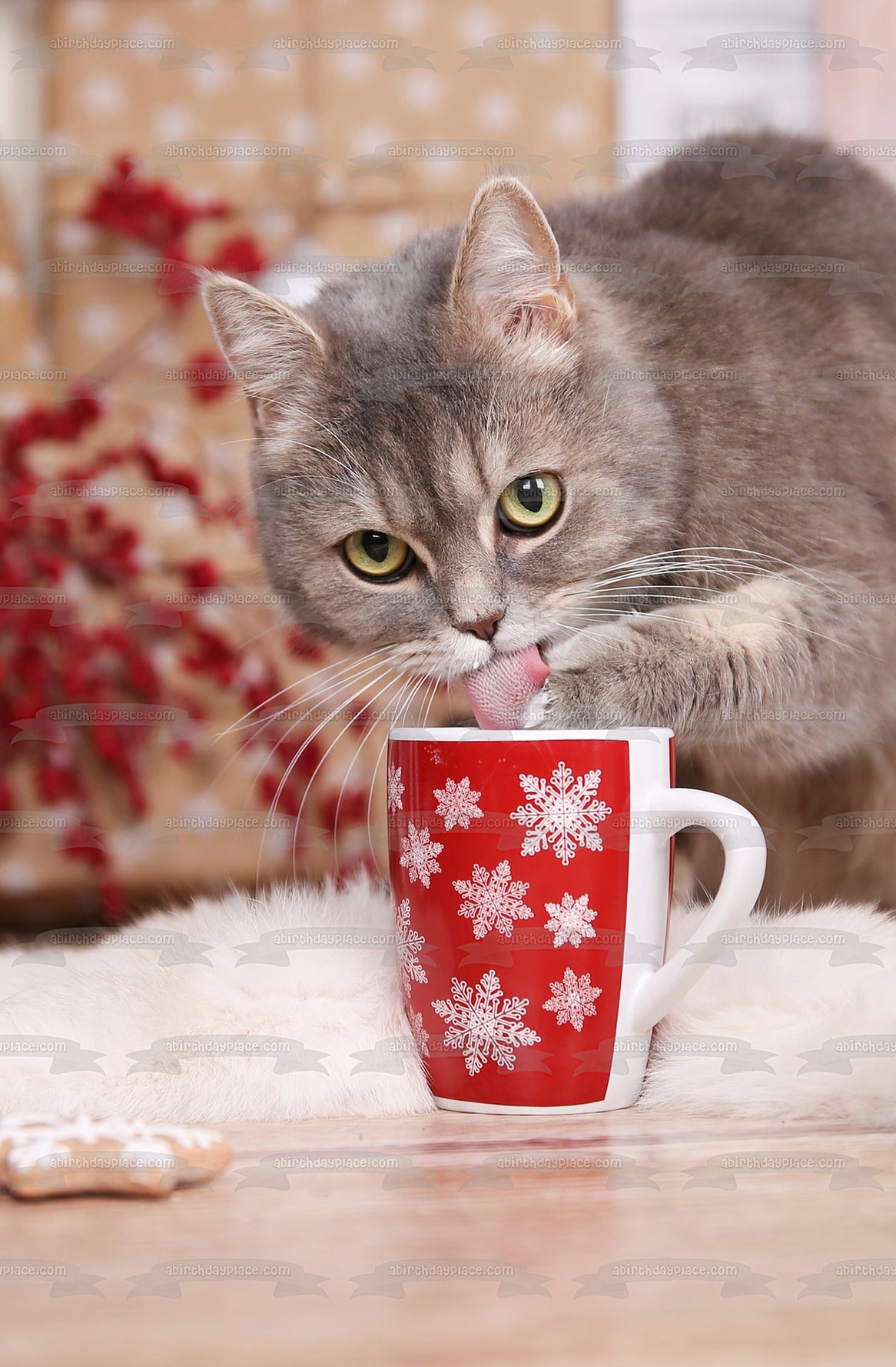Imagen de adorno comestible para pastel de gato navideño con taza ABPID50468 