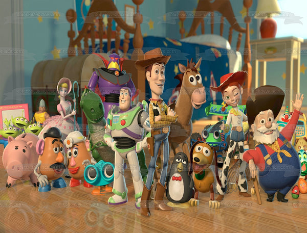 Disney Pixar Toy Story Woody Buzz Lightyear Slinky Jesse Rex Hamm Bo Peep Mr. Potato Head Mrs. Potato Head Aliens Edible Cake Topper Image ABPID50505