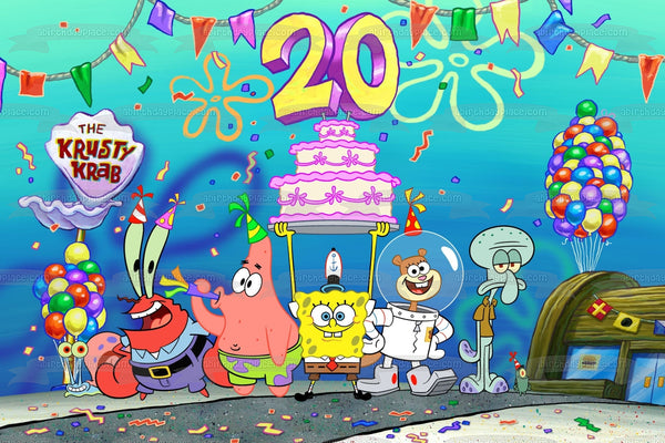 SpongeBob 20th Birthday Cast of Characters Edible Cake Topper Image ABPID50573