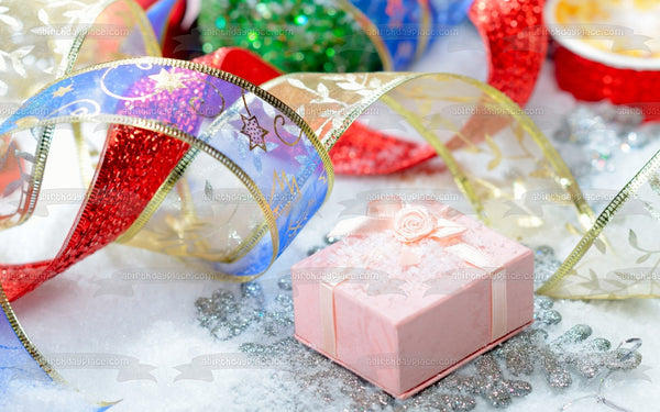 Christmas Pink Present Red Blue Gold Ribbon Edible Cake Topper Image ABPID50581