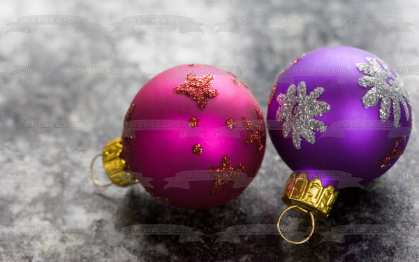 Christmas Pink Gold Ball Ornaments Glitter Stars Edible Cake Topper Image ABPID50585