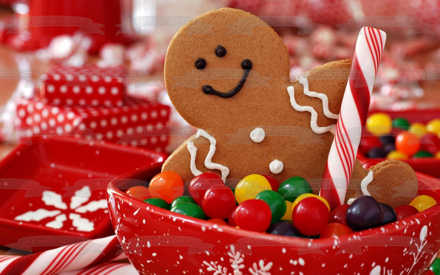 Adorno comestible para tarta con diseño de hombre de jengibre navideño, galleta, gominolas, cuenco, caramelo, imagen ABPID50600 